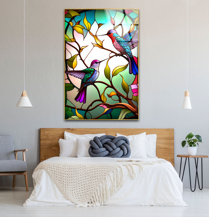Hummingbirds Stained Glass Wall Art – Colorful Bird & Branch Glass Print