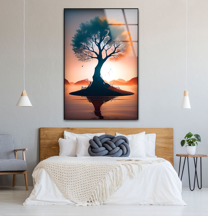 Sonnenuntergang Baum des Lebens Wandkunst – Silhouette Insel Glasdruck Dekor