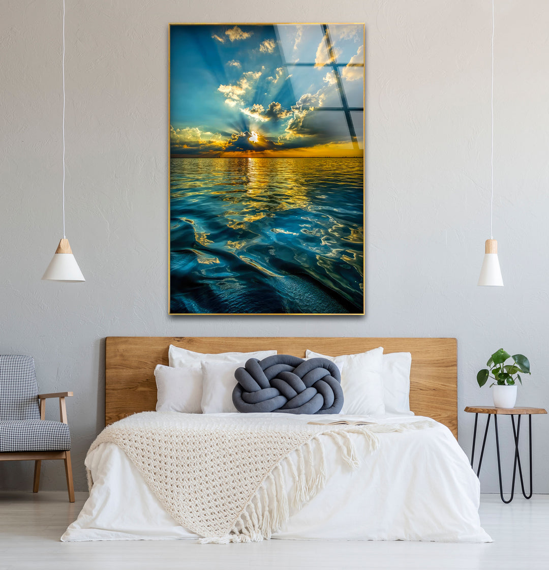 Wandkunst mit Sonnenuntergang am Meer – Strahlender Himmel und Reflexionen, vertikaler Glasdruck