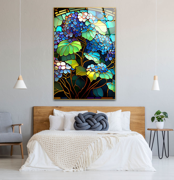 Blaue Hortensie Buntglas-Wandkunst – Vertikaler Blumenglasdruck