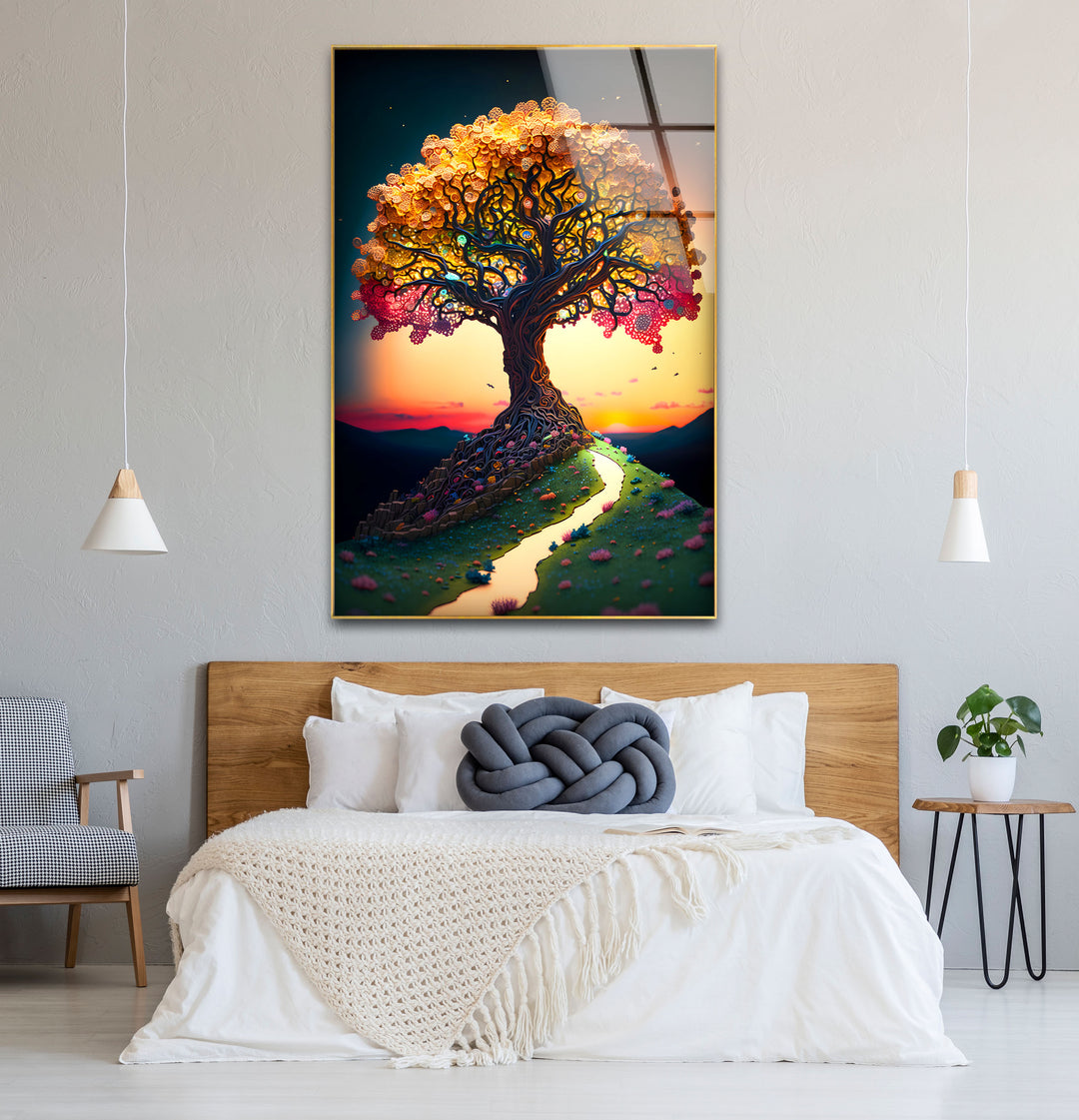 Verträumte Wandkunst mit Lebensbaum – Sonnenuntergangspfad, Fantasy-Glasdruck-Design