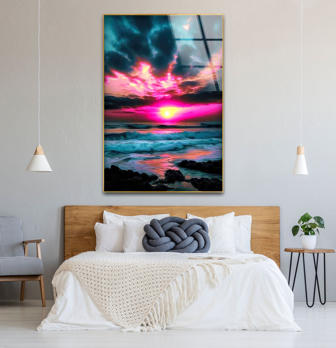 Lebendige Sonnenuntergang Ozean Wandkunst – Rosa Himmel &amp; Wellen Glasdruck-Design