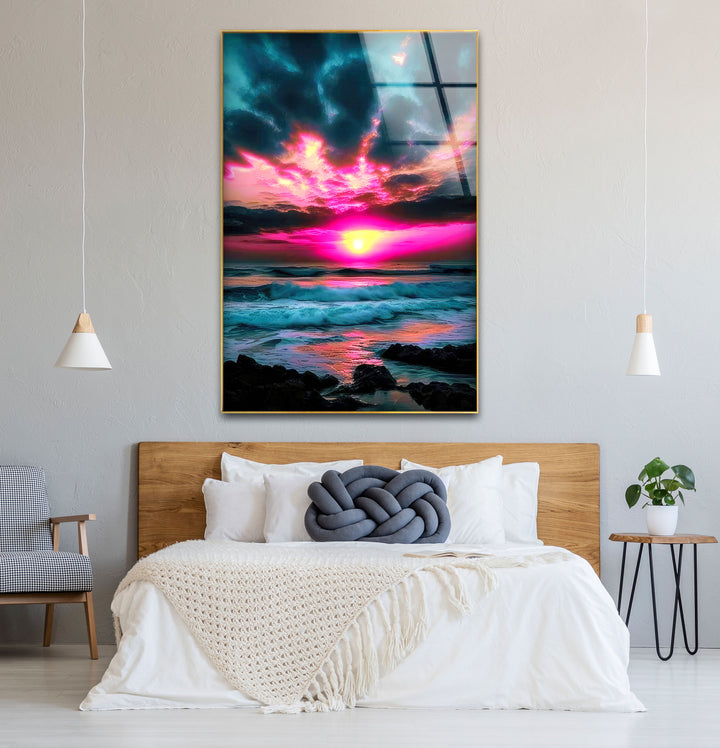 Lebendige Sonnenuntergang Ozean Wandkunst – Rosa Himmel &amp; Wellen Glasdruck-Design