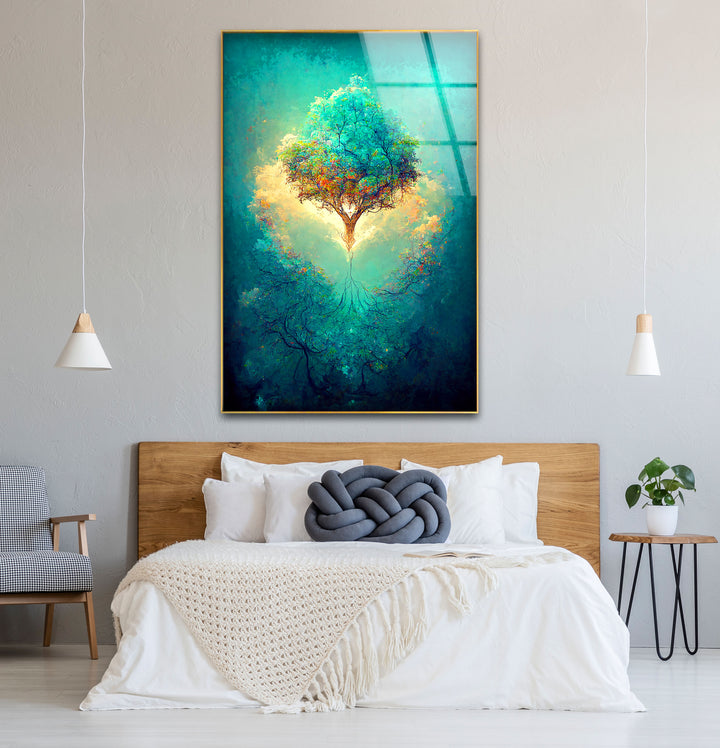 Schwebender Lebensbaum Wandkunst – Leuchtende Wurzeln Fantasy Glasdruck