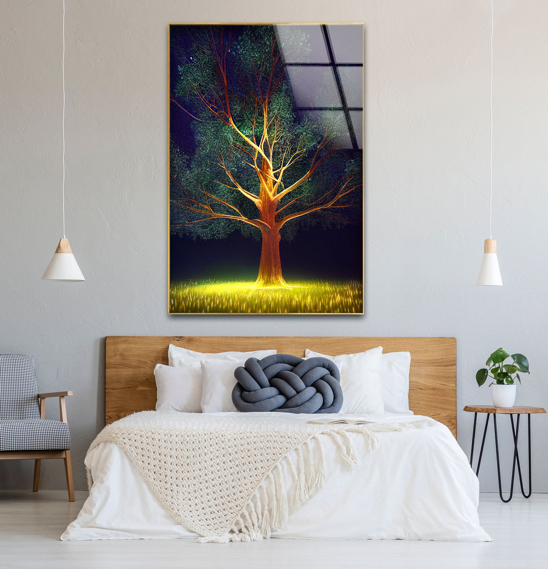 Leuchtende Baum-Wandkunst – Beleuchtetes Nachtwald-Glasdruckdesign