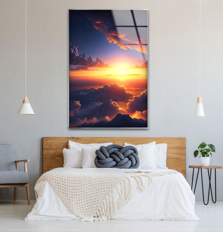 Wandkunst „Über den Wolken Sonnenuntergang“ – Glasdruckdesign „Verträumter Himmel leuchtet“