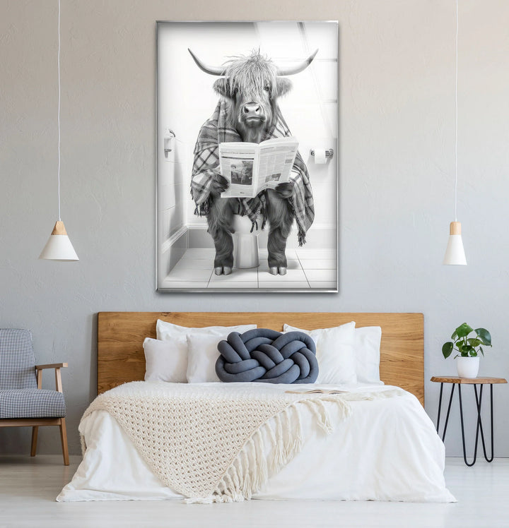 Plaid Highland Cow Bathroom Wall Art – Funny Black and White Glass Print for Rustic Decor - MyPhotoStation