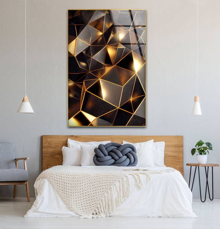 Geometrische Goldprisma-Wandkunst – Luxuriöser abstrakter 3D-Glasdruck