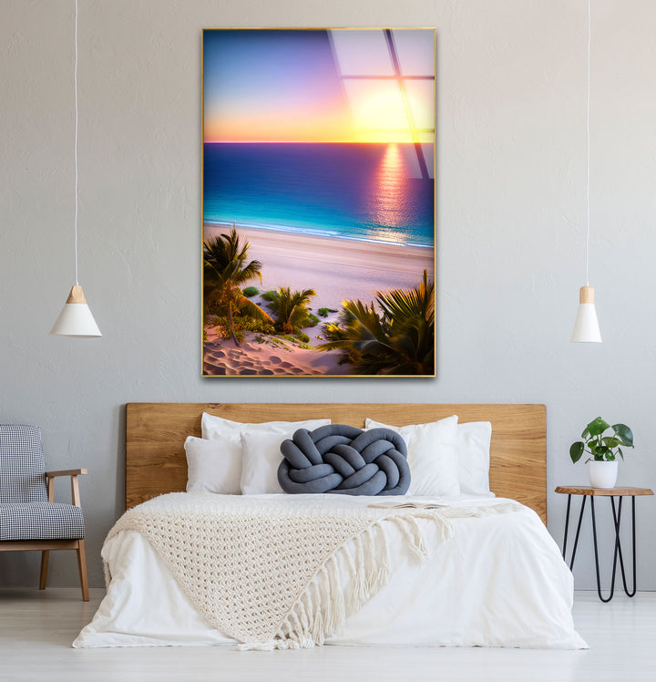 Tropischer Strand Sonnenuntergang Wandkunst – Lebendiger Ozeanhorizont Glasdruck