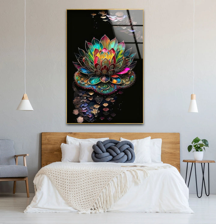 Radiant Lotus Flower Wall Art – Colorful Mandala Glass Print for Spiritual and Zen Decor - MyPhotoStation