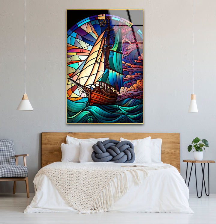 Segelschiff Buntglas Wandkunst – Maritimer Ozeanwellen-Glasdruck