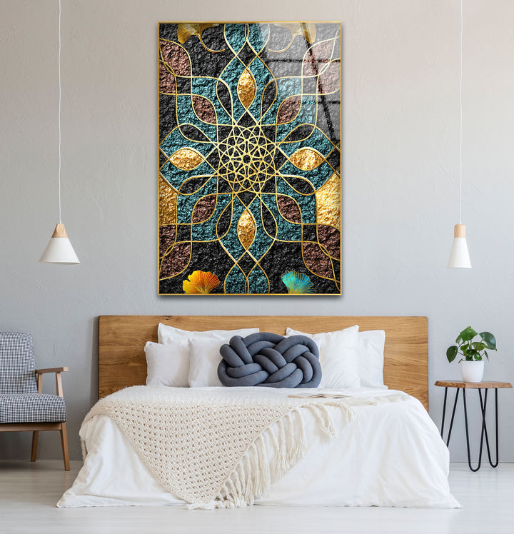 Goldene Mandala-Wandkunst – Geometrisches blaugrünes und schwarzes Muster-Glasdruckdesign