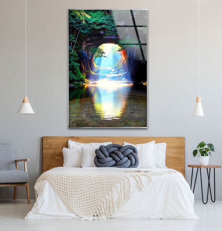 Waldlichttunnel-Wandkunst – Sonnenstrahlreflexions-Glasdruckdesign