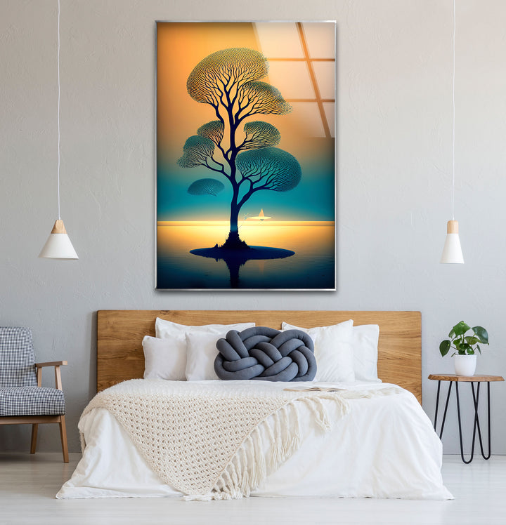 Serene Tree of Life Wall Art – Sailboat Sunset Glass Print Design