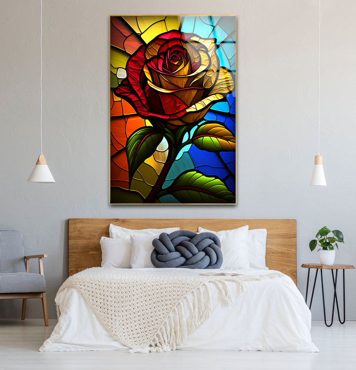 Rote Rose Buntglas-Wandkunst – Farbenfrohes florales Glasdruck-Design