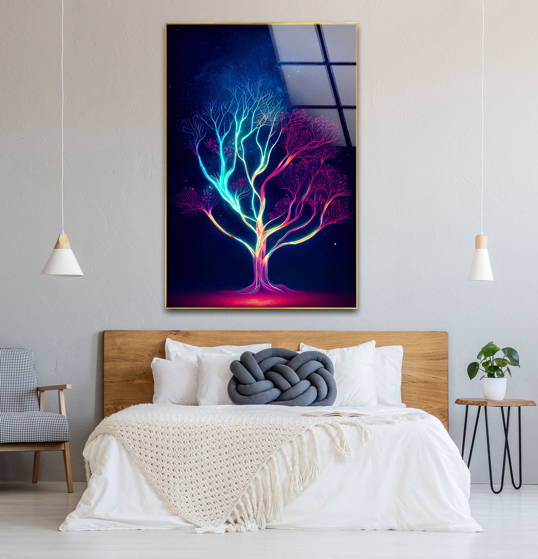 Neonbaum-Wandkunst – Kosmisches Nachtbaum-Glasdruckdesign