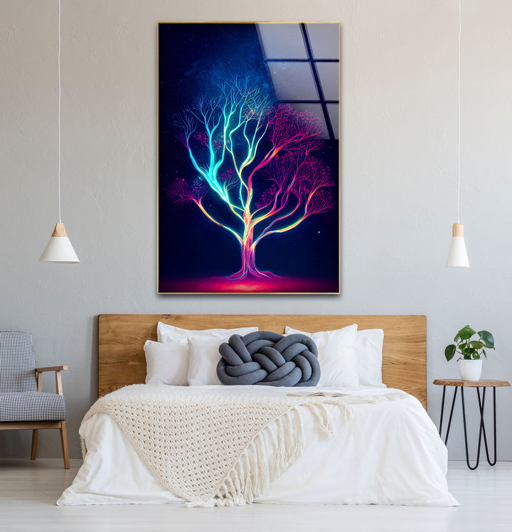 Neonbaum-Wandkunst – Kosmisches Nachtbaum-Glasdruckdesign