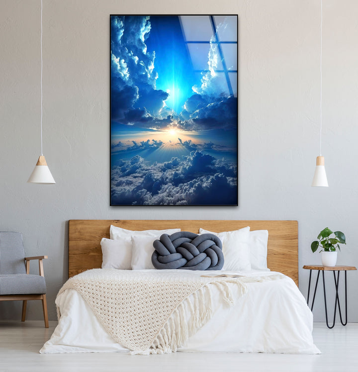 Himmlischer Himmel Wandkunst – Strahlende Wolken und Lichtstrahl Glasdruck