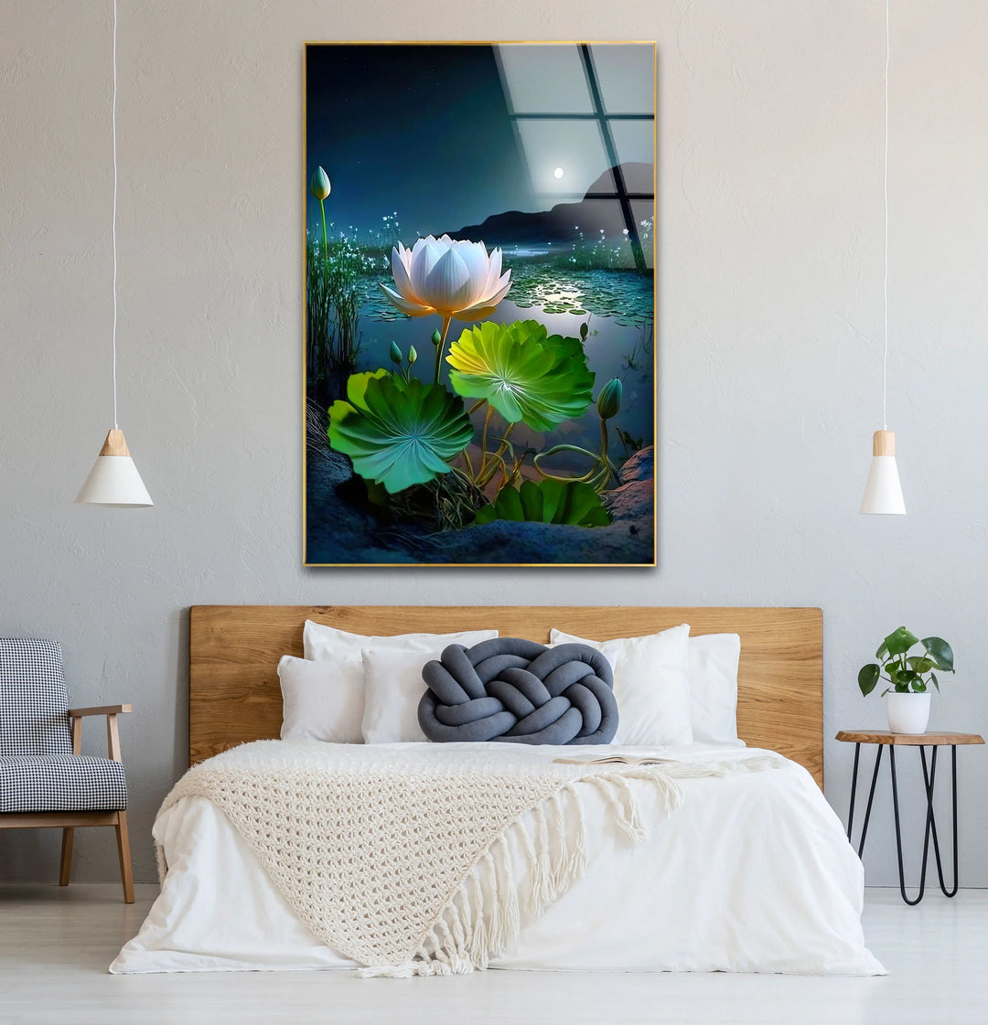 Moonlit Lotus Flower Glass Wall Art – Serene Night Lake Scene for Tranquil Home Decor - MyPhotoStation