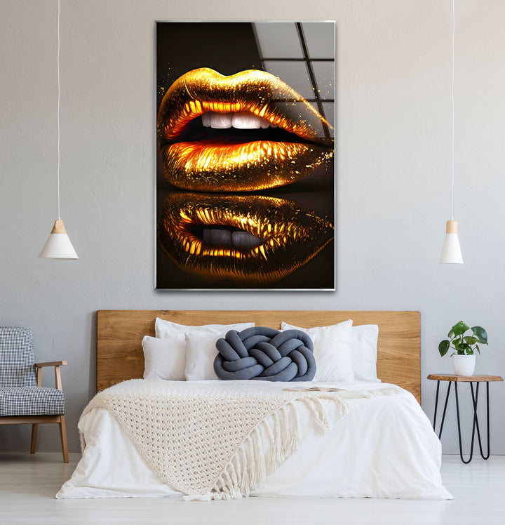 Goldene Lippen Wandkunst – Glamouröses funkelndes Mund-Glasdruck-Design