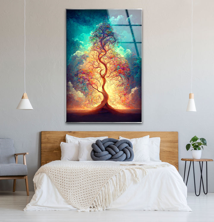 Strahlender Lebensbaum Wandkunst – Ätherisches Licht Fantasy Glasdruck