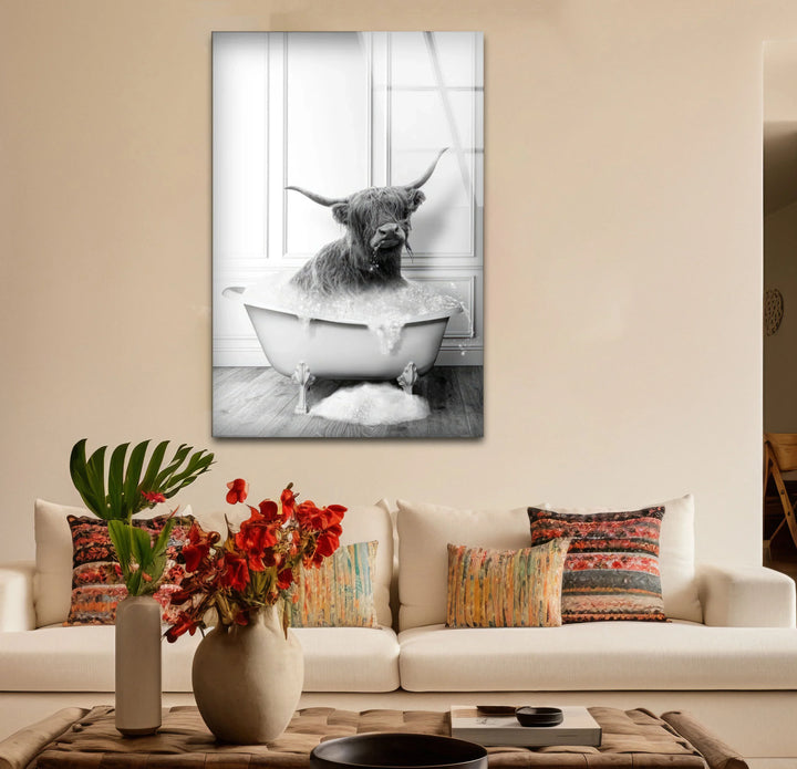 Highland Cow Bubble Bath Wall Art – Funny Black and White Glass Print for Bathroom Decor - MyPhotoStation