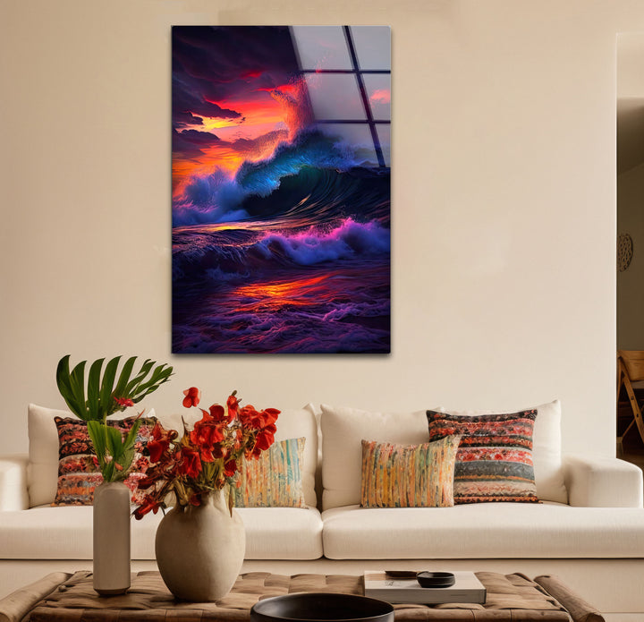 Wandkunst mit krachenden Wellen bei Sonnenuntergang – Dramatisches Ozean-Glasdruck-Design
