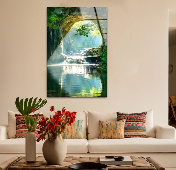 Wald-Wasserfall-Bogen-Wandkunst – Ruhige Naturszene Glasdruck