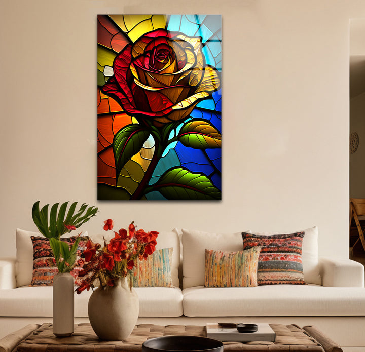 Rote Rose Buntglas-Wandkunst – Farbenfrohes florales Glasdruck-Design
