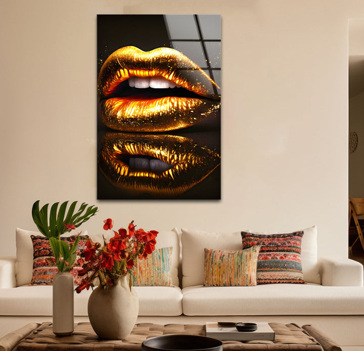 Goldene Lippen Wandkunst – Glamouröses funkelndes Mund-Glasdruck-Design