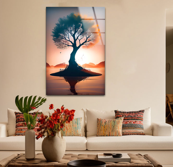 Sonnenuntergang Baum des Lebens Wandkunst – Silhouette Insel Glasdruck Dekor