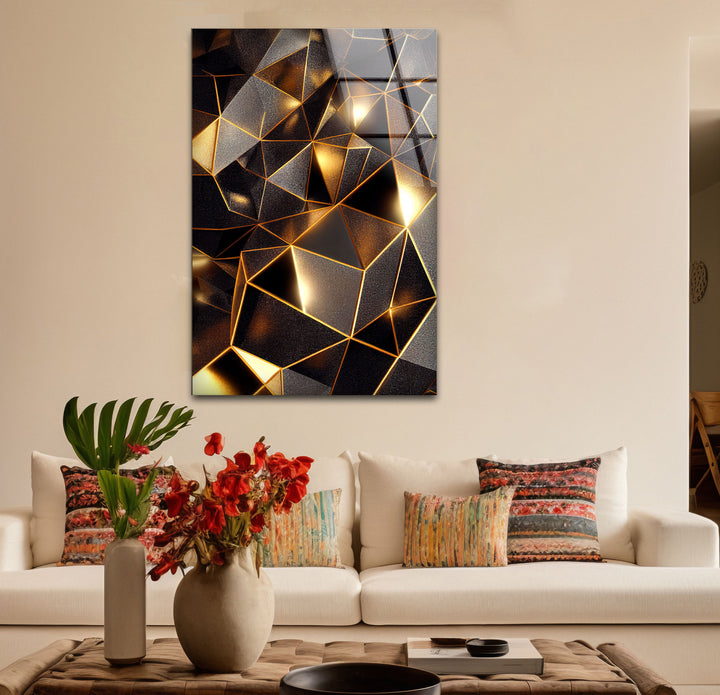 Geometrische Goldprisma-Wandkunst – Luxuriöser abstrakter 3D-Glasdruck
