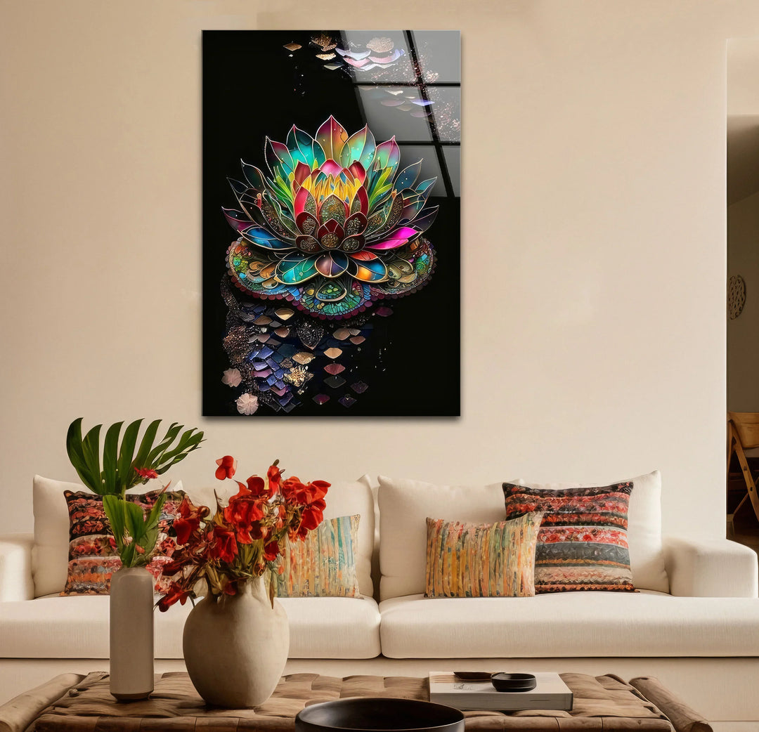 Radiant Lotus Flower Wall Art – Colorful Mandala Glass Print for Spiritual and Zen Decor - MyPhotoStation