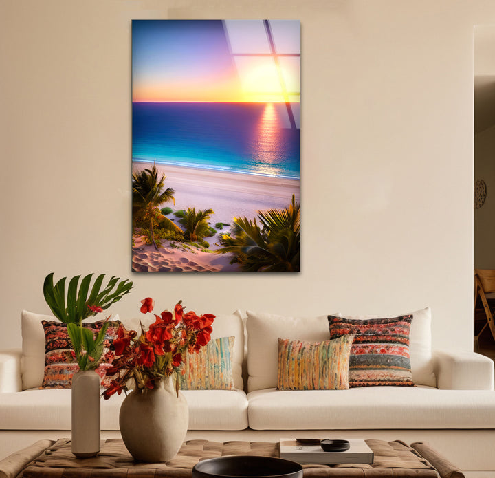 Tropischer Strand Sonnenuntergang Wandkunst – Lebendiger Ozeanhorizont Glasdruck