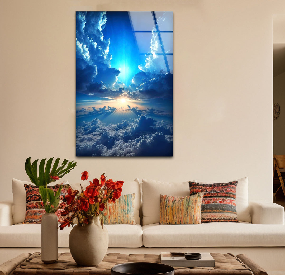 Himmlischer Himmel Wandkunst – Strahlende Wolken und Lichtstrahl Glasdruck