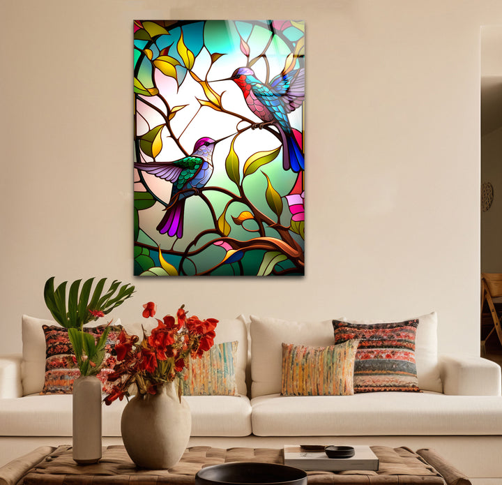 Hummingbirds Stained Glass Wall Art – Colorful Bird & Branch Glass Print