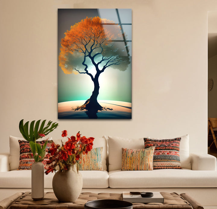 Minimalistische Wandkunst mit Lebensbaum – Orangefarbenes Kronenglas-Druckdesign