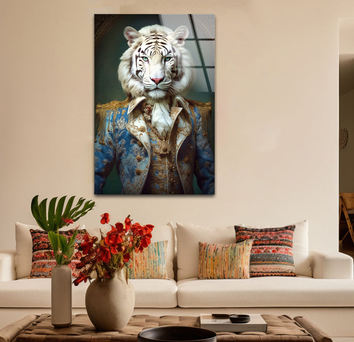 Königliches weißes Tigerporträt als Wandkunst – Kunstwerk im königlichen Tierkostüm
