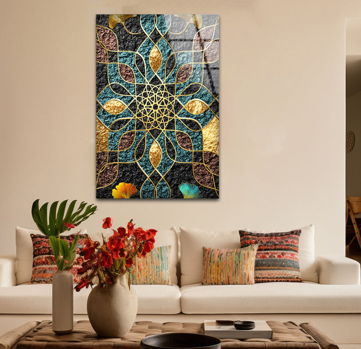 Goldene Mandala-Wandkunst – Geometrisches blaugrünes und schwarzes Muster-Glasdruckdesign
