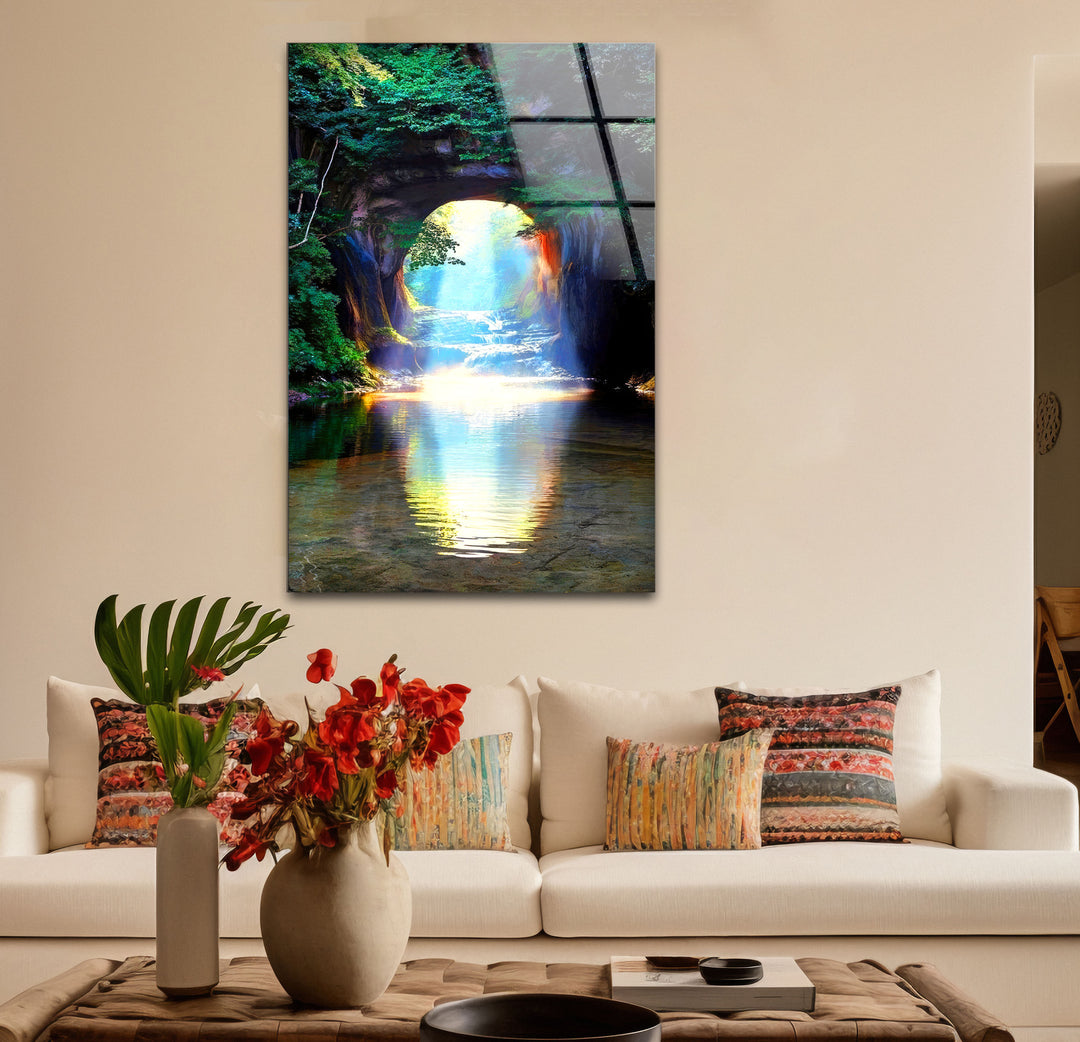 Waldlichttunnel-Wandkunst – Sonnenstrahlreflexions-Glasdruckdesign