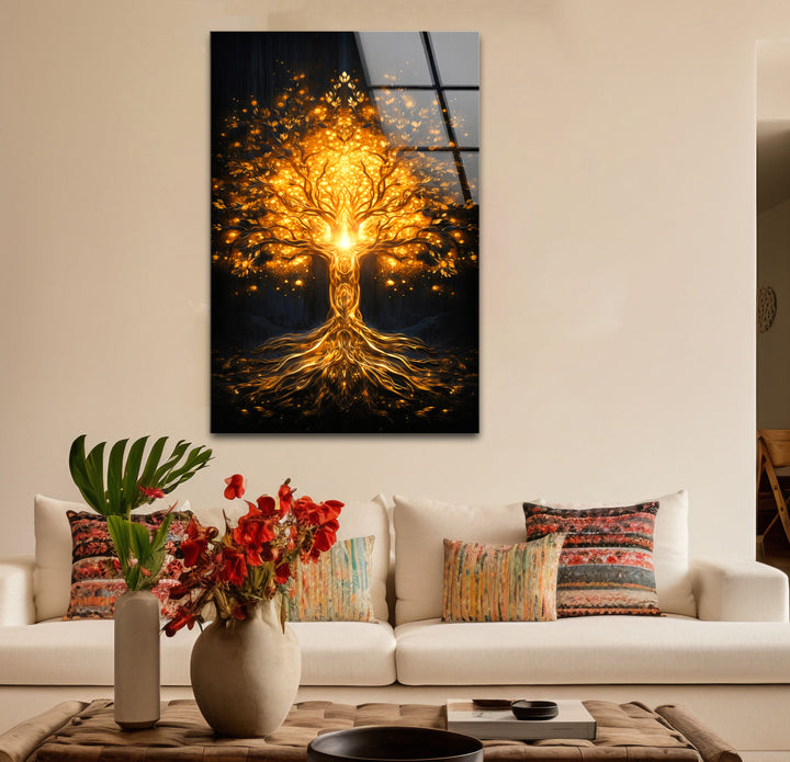 Goldene Fantasiebaum-Wandkunst – Beleuchtetes abstraktes Glasdruckdesign
