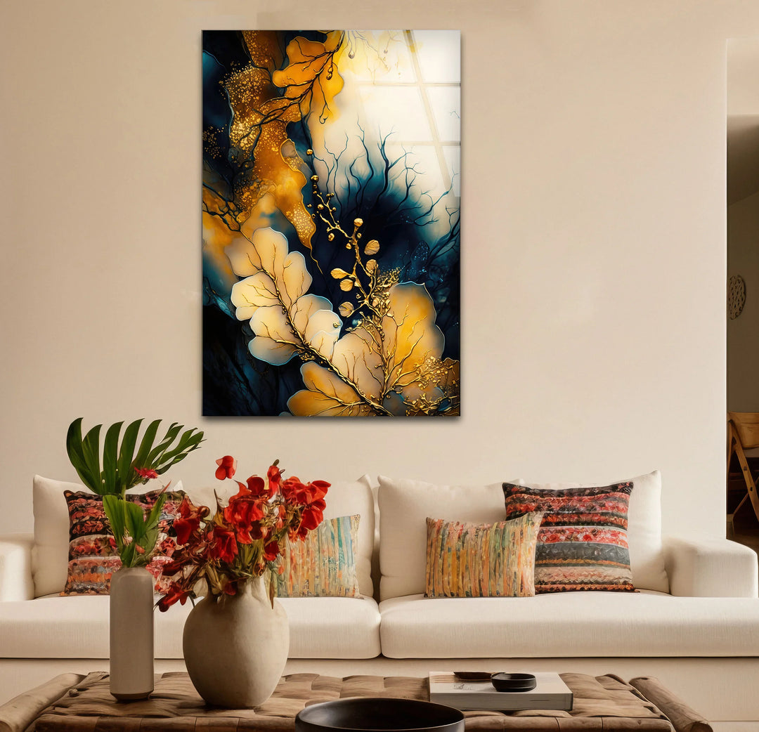 Golden Botanical Abstract Wall Art – Elegant Navy and Gold Glass Print for Luxe Interiors - MyPhotoStation