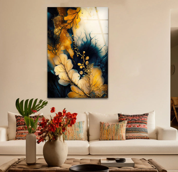 Golden Botanical Abstract Wall Art – Elegant Navy and Gold Glass Print for Luxe Interiors - MyPhotoStation