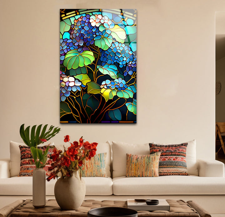 Blaue Hortensie Buntglas-Wandkunst – Vertikaler Blumenglasdruck