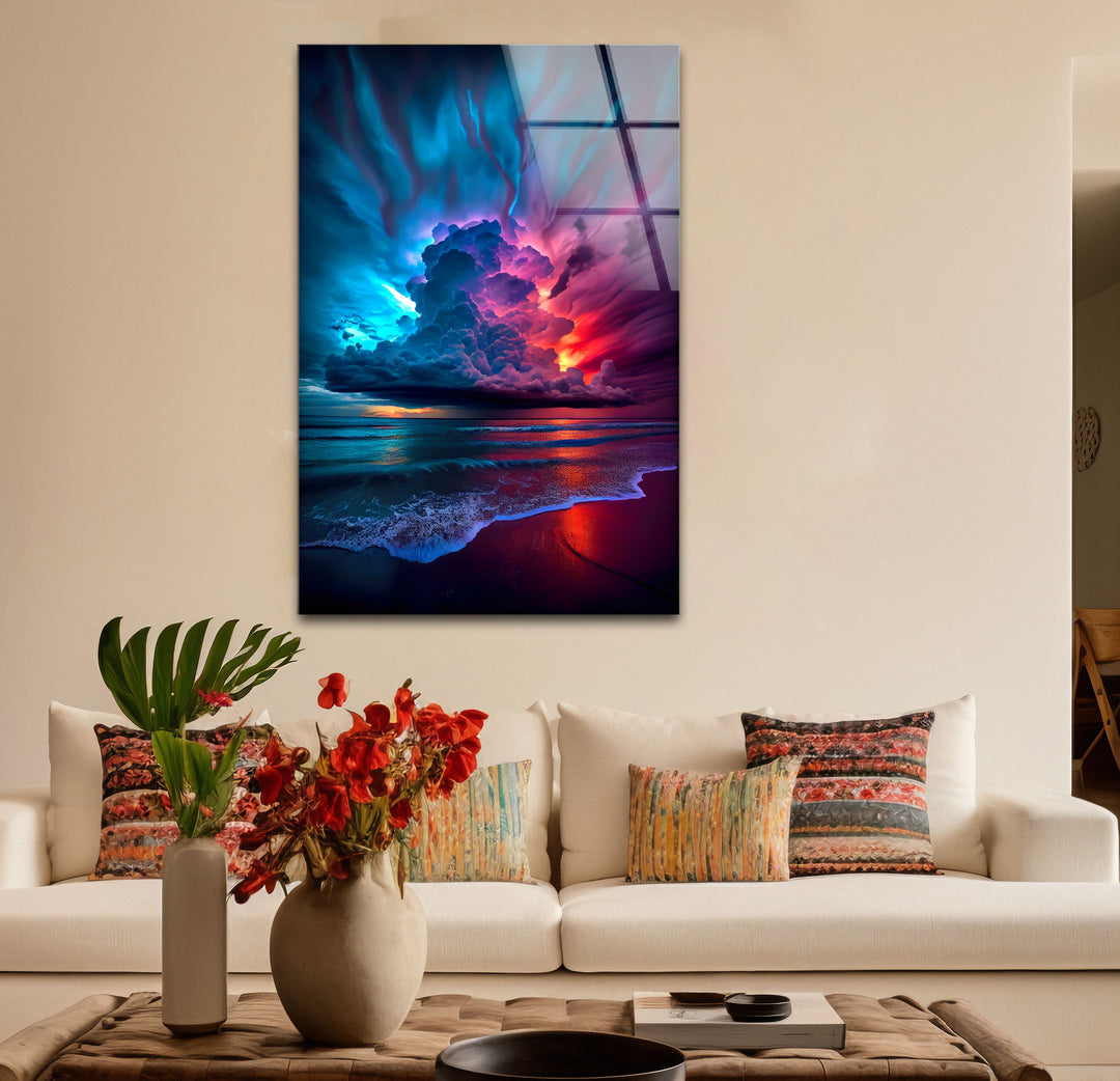 Wandkunst mit stürmischem Strandsonnenuntergang – Lebendiges Himmel- und Ozean-Glasdruckdesign