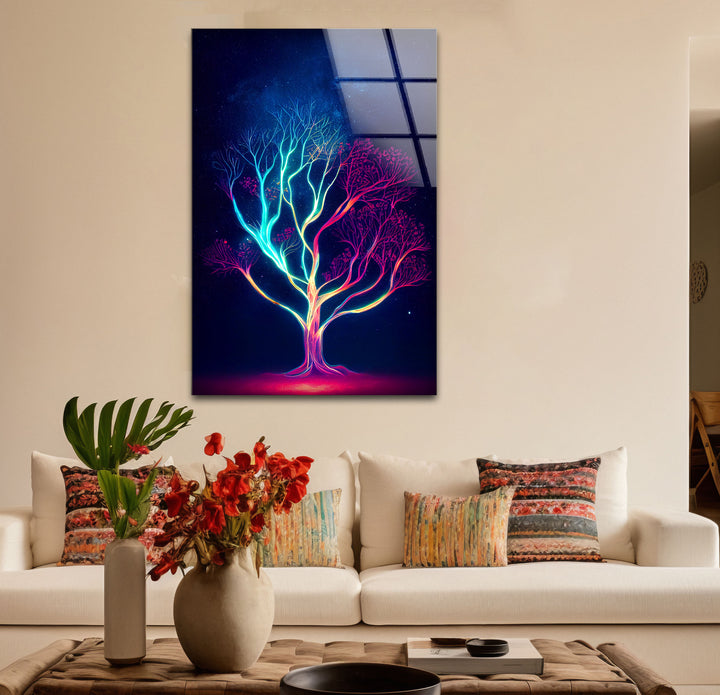 Neonbaum-Wandkunst – Kosmisches Nachtbaum-Glasdruckdesign