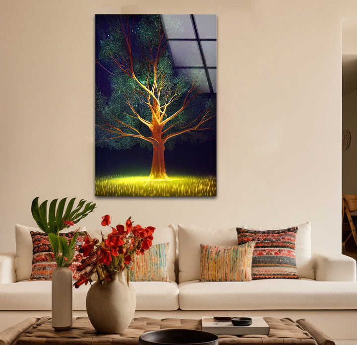 Leuchtende Baum-Wandkunst – Beleuchtetes Nachtwald-Glasdruckdesign