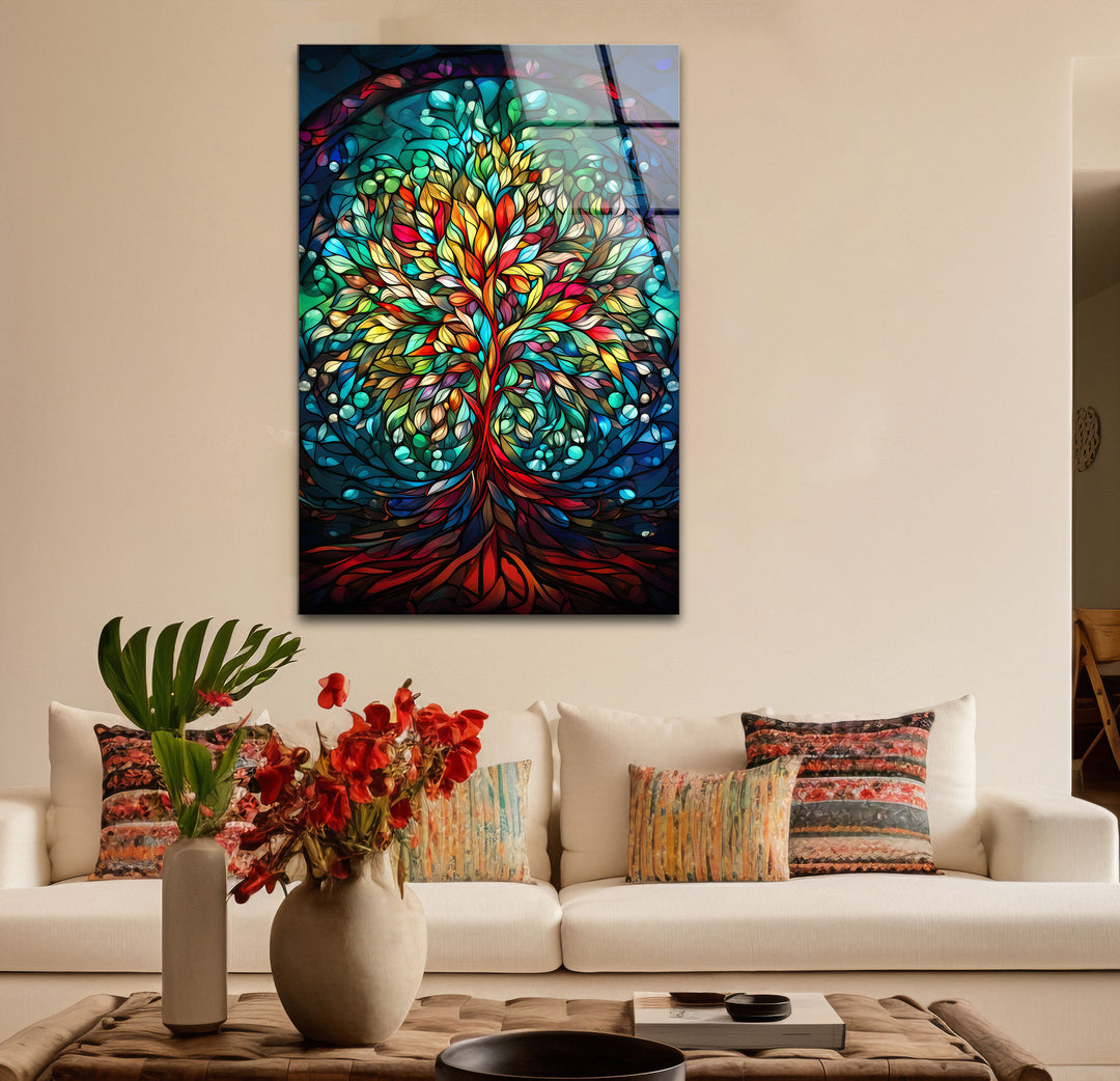 Baum des Lebens Buntglas-Wandkunst – Farbenfrohes vertikales Glasdruckdesign