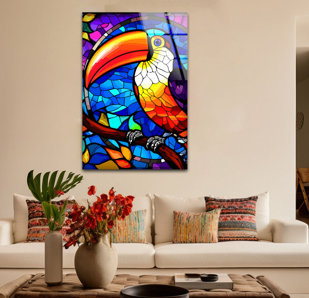 Tukan-Wandkunst aus Buntglas – Lebendiges Glasdruckdesign mit tropischem Vogel