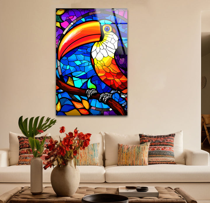 Tukan-Wandkunst aus Buntglas – Lebendiges Glasdruckdesign mit tropischem Vogel